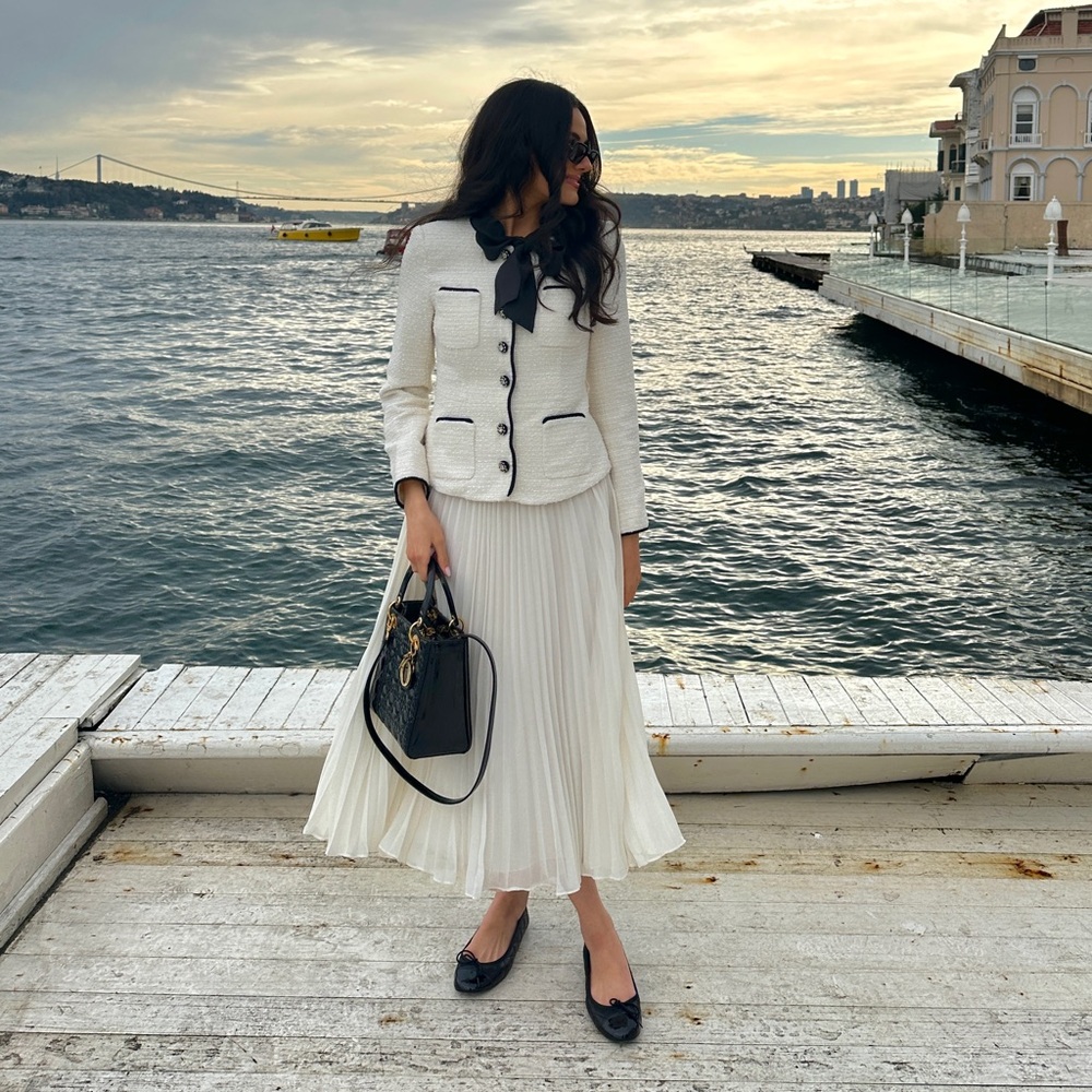 Self Portrait Long Sleeve Tweed Midi Dress with Bow Detail